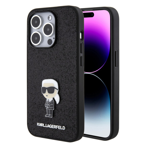 Karl Lagerfeld maska za iPhone 15 Pro IKONIK FIXED GLITTER IKONIK LOGO METAL PIN BLACK slika 1