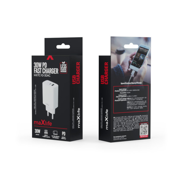 MAXLIFE kućni punjač za telefon od 30W sa USB-A i USB-C ulazom WHITE slika 3
